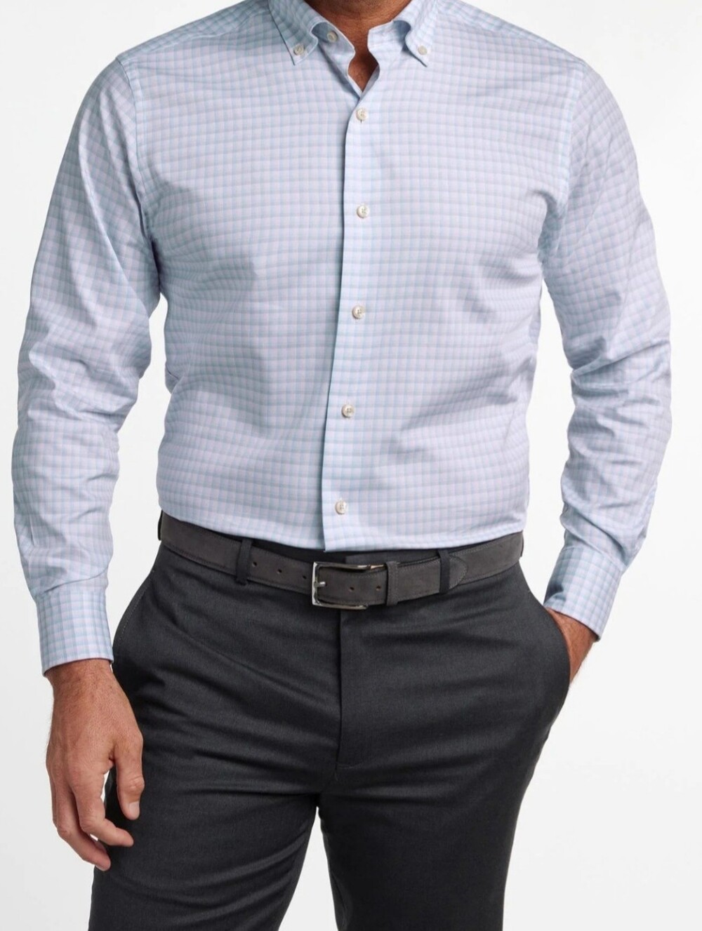 David Donahue Light Blue Check Dress Shirt